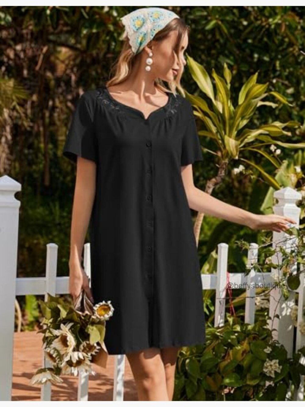 Cotton Button Down Nightgown Short Sleeve Pajama Dress Sleepshirt Embroidered - Picture 3 of 6
